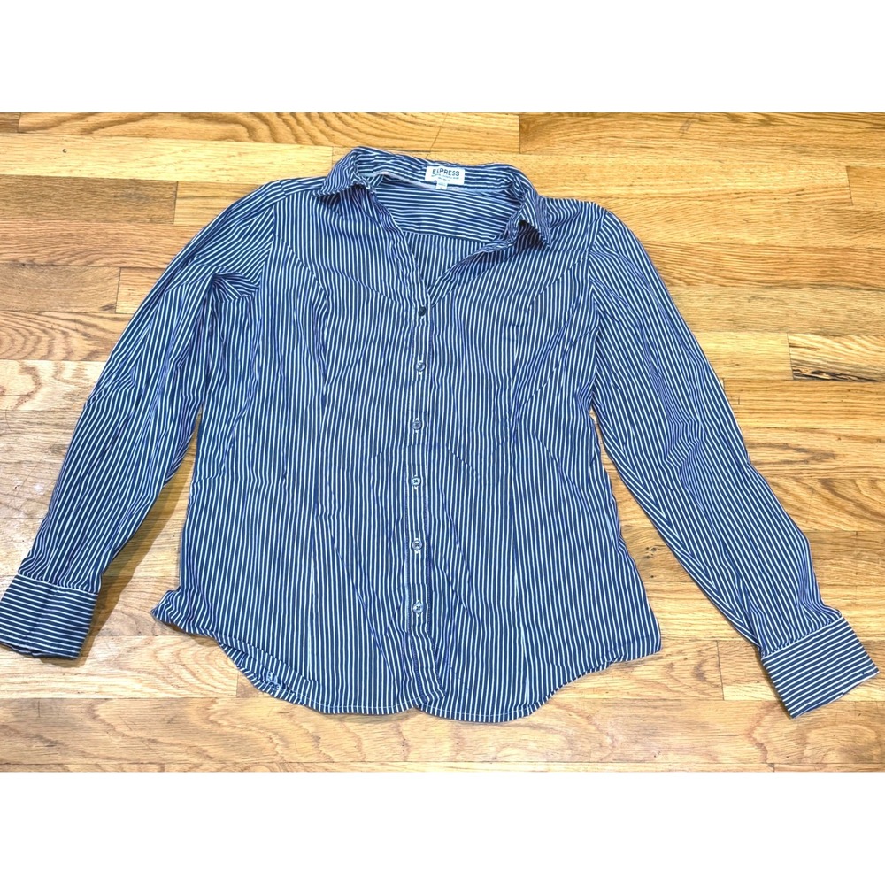 Express Ultimate Essential Shirt Navy Blue White Pinstripe Button Down Large